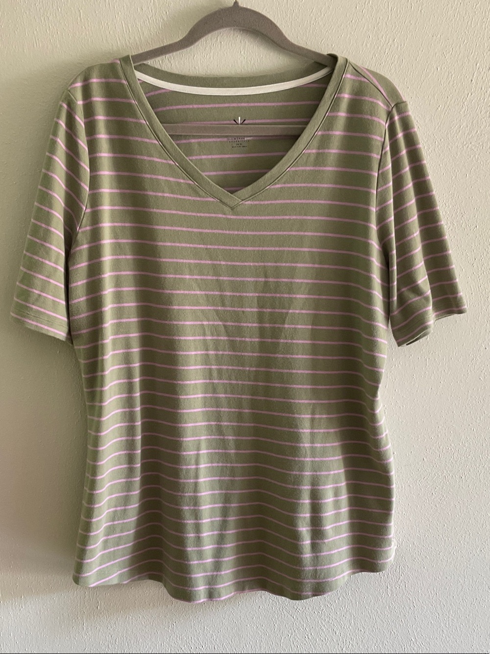 Isaac Mizrahi Olive V-Neck Short Sleeve Top with Pink Stripes